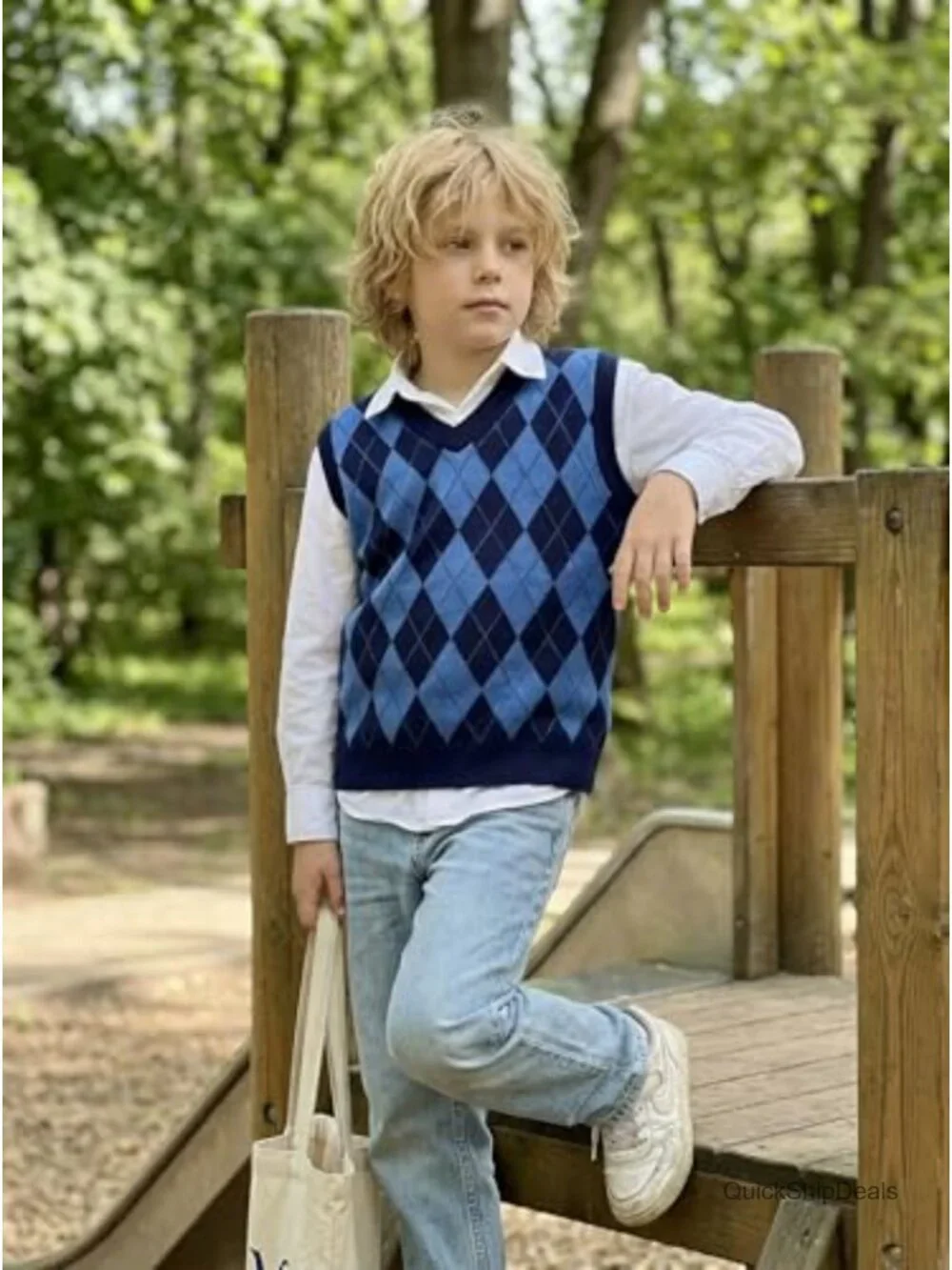 Girls Boys V Neck Argyle Knit Sweater Vest School Uniform Sleeveless Pullover